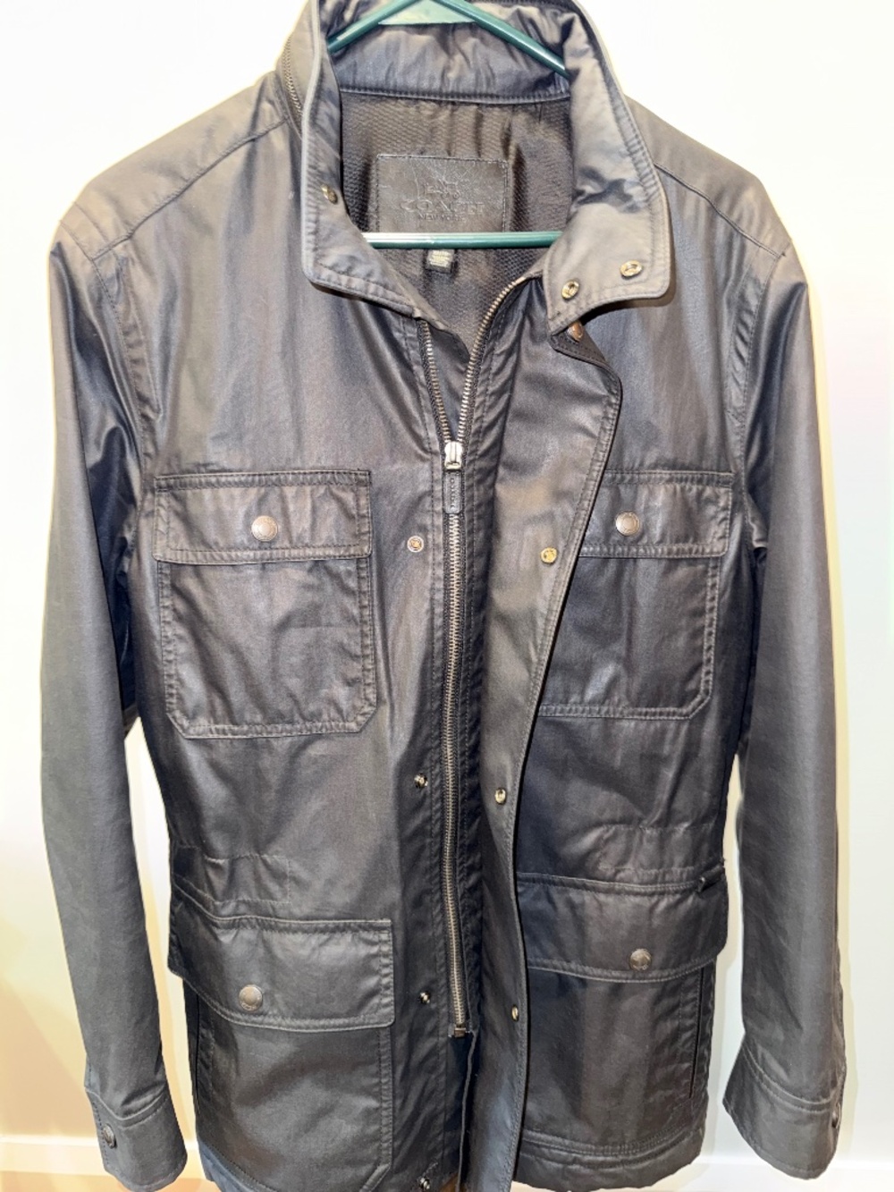 Coach New York Men's Waxed Field Jacket Hideaway Hood 4 Pocket Black XS